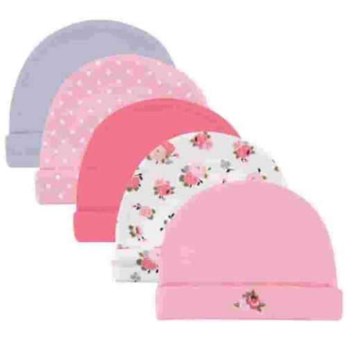 Luvable Friends Baby Girl Cotton Caps 5pk, Floral Dot, 0-6 Months