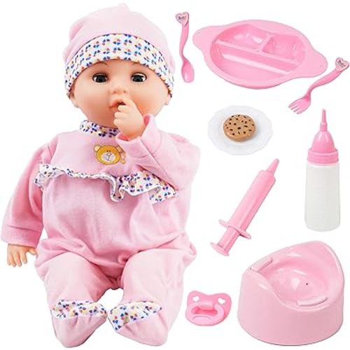 Toy Choi's 16 Inch Interactive Baby Doll Pink - Talking Feeding Dolls with Different Sounds and Accessories, Pretend Play Preschool Toys Gift for Toddlers 2 3 4 5+ Year Old Girls Boys