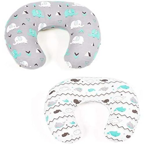 Stretchy Nursing Pillow Covers-2 Pack Nursing Pillow Slipcovers for Breastfeeding Moms,Ultra Soft Snug Fits On Infant Nursing Pillow,Elephant & Whale