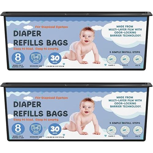 Diaper Pail Refills Bags with 30 Bags Compatible with Genie Easy Roll Signature Diaper Pails and Platinum Diaper Pails, Lasts Up to 8 Months, 7-Layer Odor-Barrier Technology, 2 Pack (60 Bags)