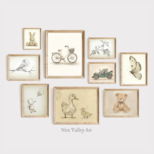 Vintage Nursery Gallery Wall Printables, Set of 9 Vintage Prints,Gender Neutral Baby room Art, Digital Download