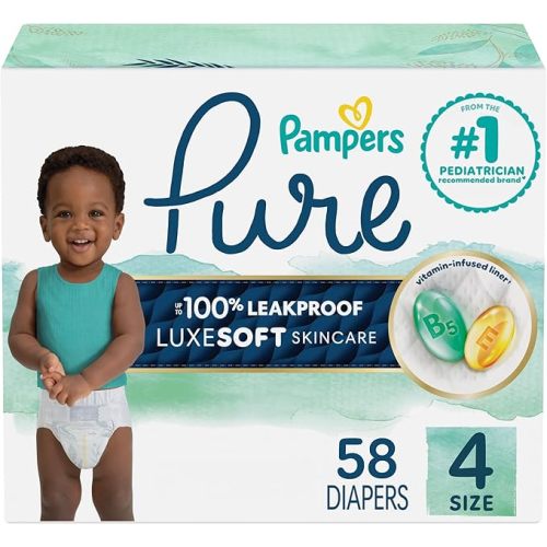 Pampers Pure Baby Diapers, Size 4 (22-37 lbs), 58, Up to 100% Leakproof, Premium Hypoallergenic Soft Diapers