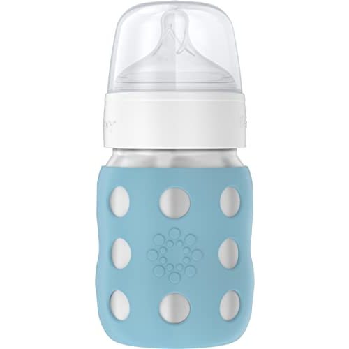 Lifefactory 8-Ounce Stainless-Steel Vacuum-Insulated Wide-Neck Baby Bottle with Stage 2 Nipple (3-6 Months) Denim, LS2211WDE4