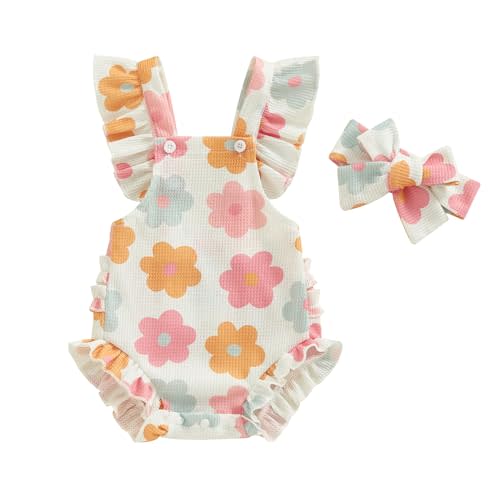 Covvoliy Infant Baby Girl Summer Clothes Outfits Cute Print Fly Sleeve Romper Jumpsuit Bodysuit with Headband