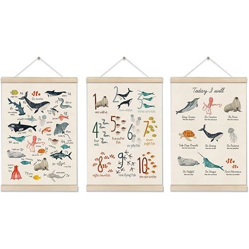 DOI-LANEE Set of 3 Ocean Alphabet Posters 16x12 Inch (Off-White04)
