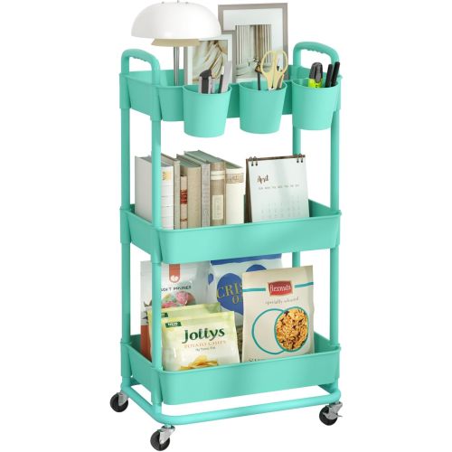 JIUYOTREE 3-Tier Plastic Rolling Storage Cart Utility Cart with Extra Hanging Cups Handles Lockable Wheels for Living Room Bathroom Kitchen Office Green