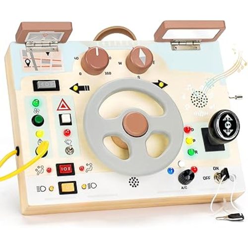 Joyreal Montessori Toddler Busy Board - Montessori Toys for 1 2 3 Years Old, Wooden Sensory Board with LED Lights, Steering Wheel, Music Player, Travel Toys for 1+ Year Old Boy & Girl Birthday Gift