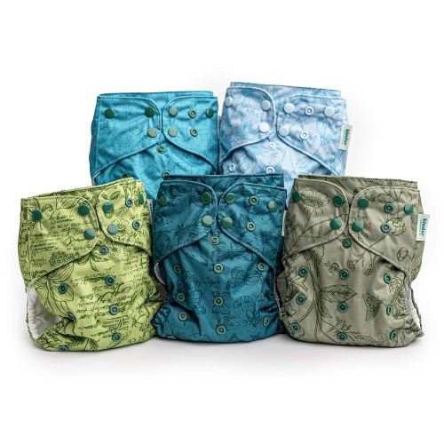 Kinder Cloth Diapers Set of 5 Reusable Baby Diapers Pocket Style Athletic Wicking Jersey, Newborn to Potty 7-60lbs, One Size, Inserts NOT Included (Tranquil Garden Botanicals)