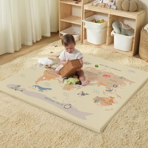 Joypony Vegan Leather Baby Play Mat, Wipe-Clean Play Mat for Floor, 50x50 in Thicken Foam Cushioned & Waterproof Playpen Mats for Infants, Kids and Toddlers, Beige Map