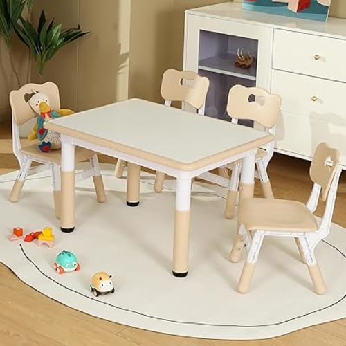 Kids Table and Chair Set, Height Adjustable Toddler Table and Chair Set for Ages Over 3, 31.5''L x 23.6''W Graffiti Desktop for Daycare, Classroom, Home, White Board + Begie