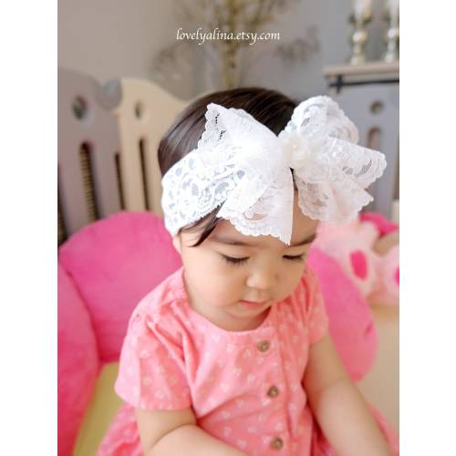 Big Lace Bow Baby Headband, Soft Stretchy Girl Hairband, Baptism Head Band, Christening Head Piece, Toddler Oversized White Bows Headbands