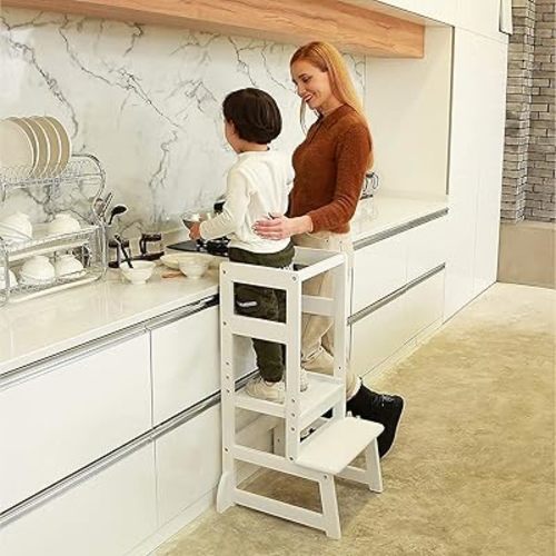 SDADI LT05W Mother's Helper Adjustable Height Kitchen Step Stool, Children Kids Toddlers Counter Level Learning Stool for Kitchen and Bathroom, White