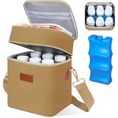 PIIOSER Breastmilk Cooler Bag with Ice Pack Fits 6 Baby Bottles Up to 9 Ounce, Insulated Baby Bottle Tote Bags, Double Layer Waterproof Leak-Proof with Shoulder Strap for Nursing & Working Mom (Brown)