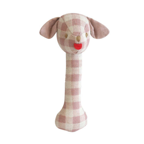 Puppy Stick Rattle Rose Check Linen