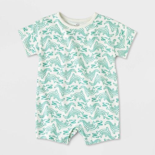 Baby Boys' Printed Romper - Cat & Jack™ Cream 3-6M: Cotton Blend, Lightweight Knit, Tagless, Crotch Snap, Short Sleeve