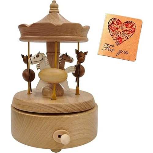Wooden Carousel Music Box with Moving & Elevating Horses, Rotating Wind-Up Decor, Collectible Mechanical Musical Box, Timeless Gift