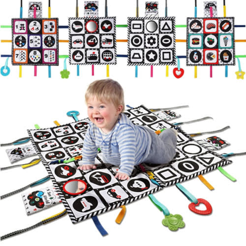 teytoy Tummy Time Floor Mirror, Double High Contrast Play and Pat Activity Mat Black and White Baby Crinkle Toys with Teether, Great Gift for Infants Boys and Girls -Pack of 4