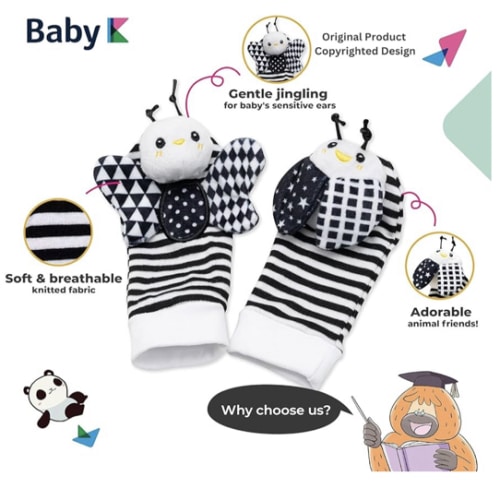 BABY K Baby Rattle Socks & Wrist Toys (Set E) - Newborn Toys for Baby Boy or Girl - Brain Development Infant Toys - Hand and Foot Rattles Suitable for 0-6, 6-12 Months Babies - Newborn Baby Gifts