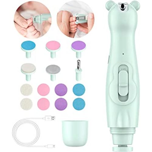 Lupantte Baby Nail Trimmer Electric Nail File with Light 2 in 1 Nail Clippers for Baby, 14 Replacement Grinding Heads Trim Polish Grooming Kit for Newborn & Adult