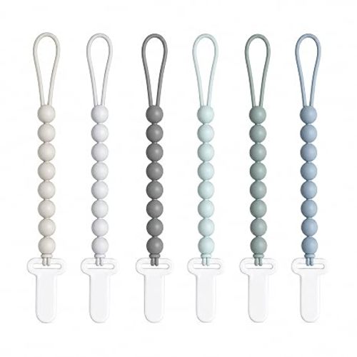 6 Pack Neutral Silicone Pacifier Clips for Boys and Girls, One Piece Beads Pacifier Clip Set with Durable Plastic Clip, Neutral Baby Pacifier Holder Set