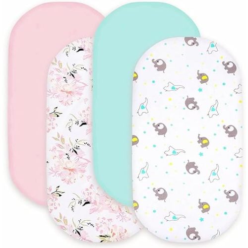bimocosy Bassinet Sheet, 4 Pack Bassinet Sheets for Baby Girls Boys, Soft Baby Bassinet Fitted Sheets Neutral for Standard Bassinet Mattress, Size 32 x 16 x 4 Inches, Floral/Elephant/Pink/Green