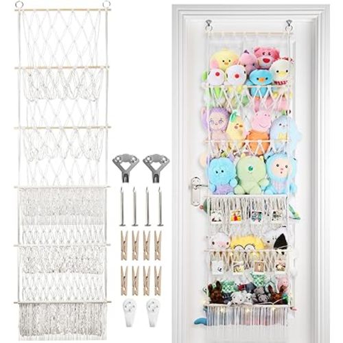 5 Tier Stuffed Animal Storage Shelf Net, 17x61 Inch Large Plushie Net w/LED Light & Clips for Mini Medium Stuffy Teddy, Beige Boho Macrame Wall Toy Holder Display for Nursery Kids Girls Boys