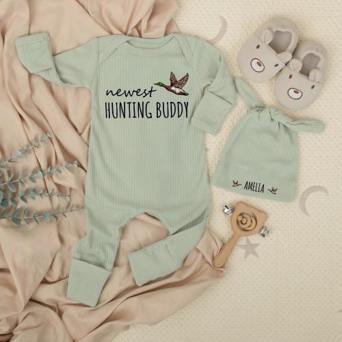 Newest Hunting Buddy Newborn bodysuit and hat set, Duck Hunting, Mallard Clothes, Pregnancy Reveal, Newborn Baby Shower, Little Hunter Gift