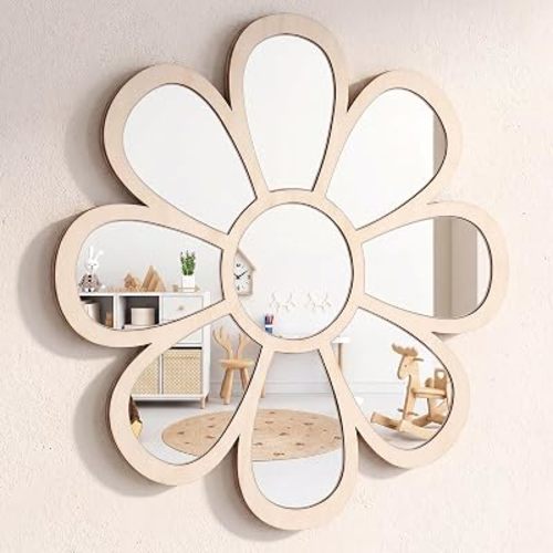 SiliFine 12 Inch Boho Daisy Wall Mirror Flower Decorative Sunburst Mirror with Wooden Frame Hanging Wall Decor for Bedroom Bathroom Living Room Entryway Room Decor Farmhouse Bohemian Home