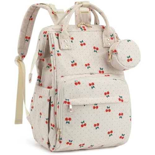 fufazfo Corduroy Diaper Bag Backpack, Large Capacity Multifunction Baby Diaper Bags for Women, Insulated Bottle Pockets & Pacifier Case, Stylish Travel Nappy Changing Bags for Mom Dad (Cherry)