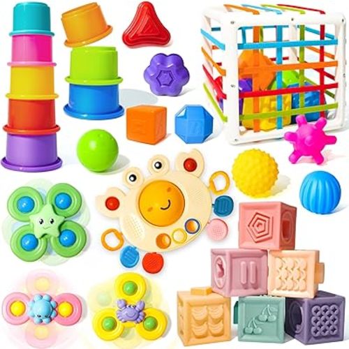 Montessori Toys for Babies 0-3-6-12 Months, 6 in 1 Baby Toys 4 5 6 7 8 9 Month Old, Baby Blocks Stacking Toys, Infant Baby Sensory Development Learning Toys Gifts for 1 2 3 Year Old Boys Girls