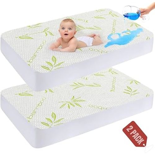 Bamboo Crib Mattress Protector 2 Pack - 100% Waterproof Baby Crib Cooling Mattress Cover - Ultra Soft Jacquard Fabric Breathable Noiseless Mattress Pad Covers - Oeko-TEX Certified