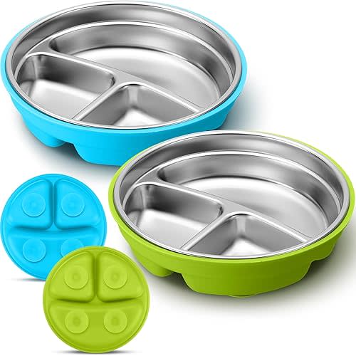 Nuogo 2 Pcs Stainless Steel Baby Suction Plates with Removable Silicone Shell 2-in-1 Metal Toddler Bowl Divided for Picky Eaters Kids Feeding Led Weaning Supplies, Dishwasher Safe (Green,Blue)