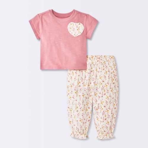 Baby Girls' Heart Pocket Short Sleeve and Floral Joggers Set - Cloud Island™ Pink 6-9M