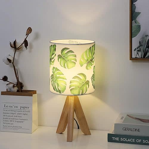 HAITRAL Small Table Lamp - Tripod Nightstand Lamp, Modern Bedside Desk Lamp for Kids Room, Girls Room, Bedroom, Dorm Room, Office with Wooden Base Fabric Lamp Shade