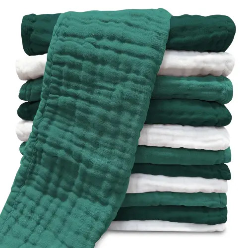 Muslin Burp Cloths for Baby 100% Cotton Burping Cloths for Unisex, Boy, Girl - Large 20'' by 10'' Newborn Essentials Ultra Soft Absorbent Milk Spit Up Rags - 12 Pack - White+Deep Emerald Series