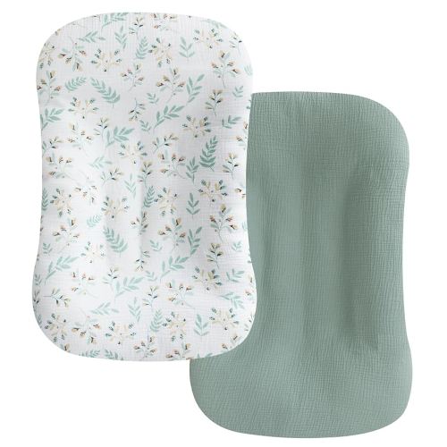 habibee Muslin Baby Lounger Cover 2 Pack, Cotton Baby Lounger Pillow Cover for Newborn, Organic Infant Lounger Cover for Boys and Girls, Green&Flower