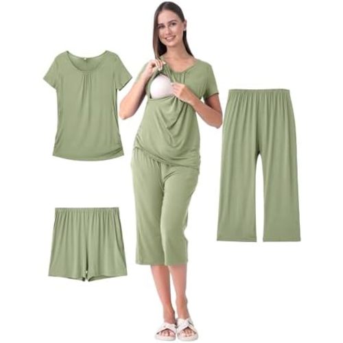 3 Piece Nursing Pajamas Set for Women Breastfeeding Shirts Pjs Summer Postpartum Shorts&Capri Pants Pockets