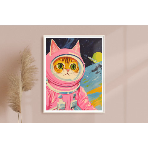 Vintage Style Pink Cat Astronaut Fine Art Print