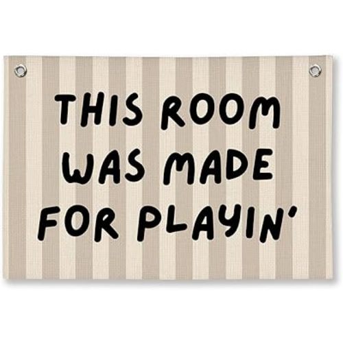 Playroom Decor, Long Live Playtime Wall Hanging Linen Banner, Blue Striped Wall Flag for Kids Room Nursery Playroom Decor, 20x30 Inch-This Room
