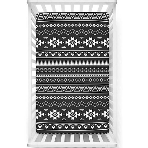 Aztec Themed Fitted Crib Sheet,Standard Crib Mattress Fitted Sheet Toddler Bed Mattress Sheets-Baby Sheet for Boys Girls, 28“ x52“,Black White