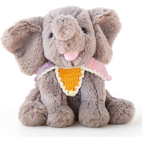 Hopearl Adorable Plush Calf Elephant Toy with Colorful Knitted Bib Floppy Elephish Ultra Xmas Soft Stuffed Animal for Boys Girls Kids Toddlers, Gray, 9''