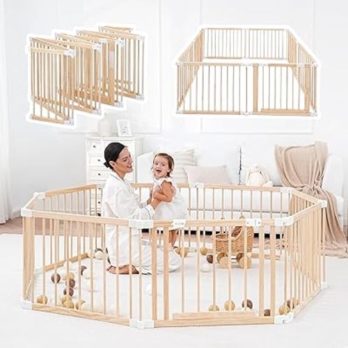 Wooden Playpen & Baby Gate Play Yards for Babies and Toddlers, Foldable Wood Baby Playpen Play Fence with with Locking Gate, Play Area Kids Activity Center Indoor Outdoor, Pinewood, 8-Panel