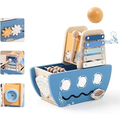 Promise Babe 5-in-1 Baby Wooden Activity Cube, Sea Ocean Montessori Toddler Toys for 1+ Year Old Boys Girls Gifts, Educational Learning Boat Toys for 1st Birthday Gifts for Kids