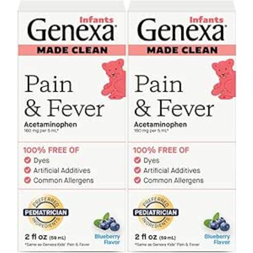 Genexa Infants’ Clean Pain & Fever Acetaminophen, Dye Free, 0% Artificial Additives, Delicious Organic Blueberry Flavor, Liquid Oral Suspension Medicine for Baby, 160 mg per 5mL, 4 fl oz (2 Pack)