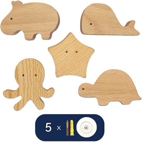 Cute Animal Wood Wall Hooks - 5 x Aquatic Animals - Decorative Wall Hanging Hooks for Hanging Coat, Hat, Bag, Backpack, Towel, Wall Mounted or Nail Free, Farmhouse Rustic Boho Kids Decor