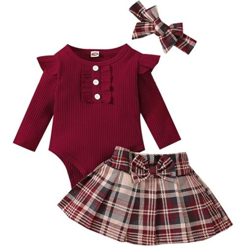 Mubineo Baby Girl Christmas Clothes Plaid Outfits Long Sleeve Romper Overall Skirt Dress Cute Newborn Outfit