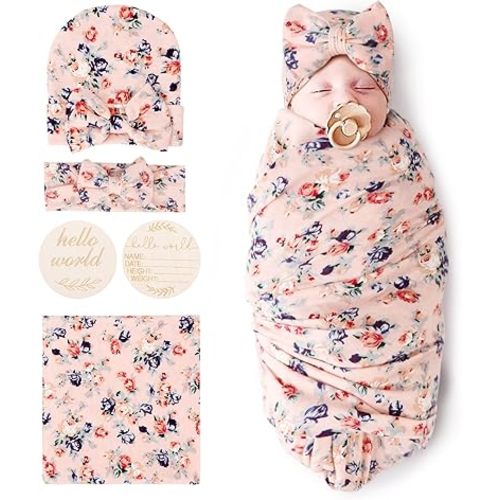 BQUBO Baby Girl Newborn Receiving Blanket with Bow Hat Headband Wooden Birth Announcement Card Set Baby Floral Print Nursery Swaddle Wrap
