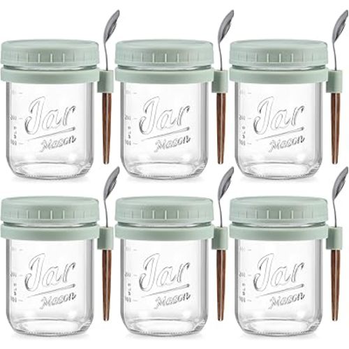 LANDNEOO 6 Pack Overnight Oats Containers with Lids and Spoons, 16 oz Glass Mason Overnight Oats Jars, Large Capacity Airtight Jars for Milk, Cereal, Fruit(Green)
