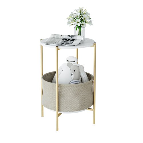 Homfa Iron Nightstand, 23.6'' Tall Round Bedside Night Stand with Storage Pocket, White and Gold