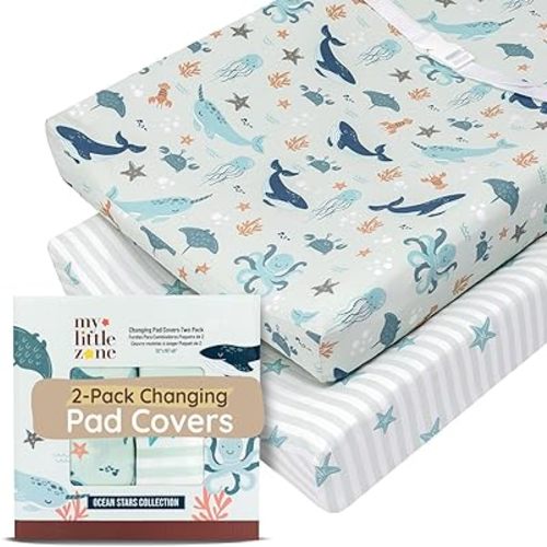 Baby Changing Pad Covers Girl 32"x16", 8"Deep Pocket - Diaper Changing Pad Cover Nautical, 100% Cotton Ocean Whale Diaper Change Table Sheet for Girl & Boy, 2 Pack, Designed in France, Teal-White